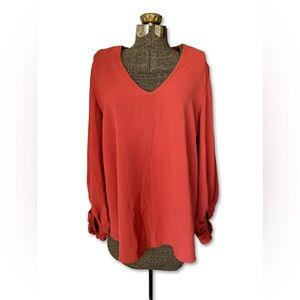 Jodifl Burnt Orange Bubble Sleeve Tunic Blouse Textured Boho Top Minimalist EUC